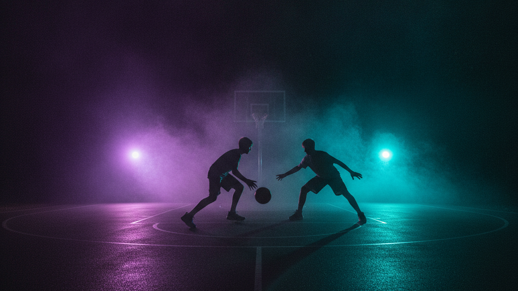 Youth basketball players training at night under purple and blue lights, Hotshots Basketball Academy serving Cooper City, FL