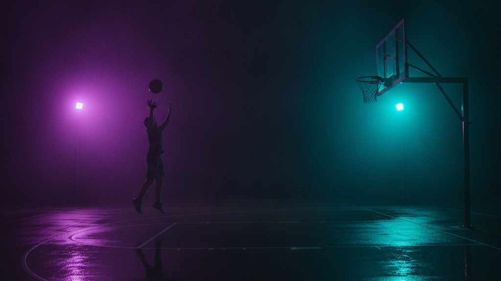 Youth basketball players training at night under purple and blue lights, Hotshots Basketball Academy serving Davie, FL