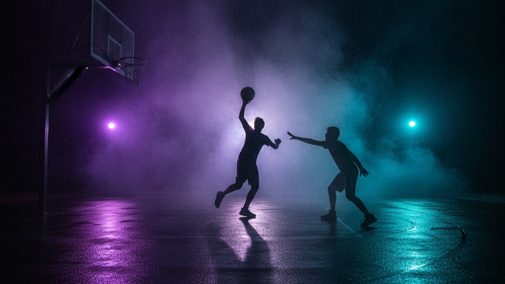 Youth basketball players training at night under purple and blue lights, Hotshots Basketball Academy serving Pembroke Pines, FL