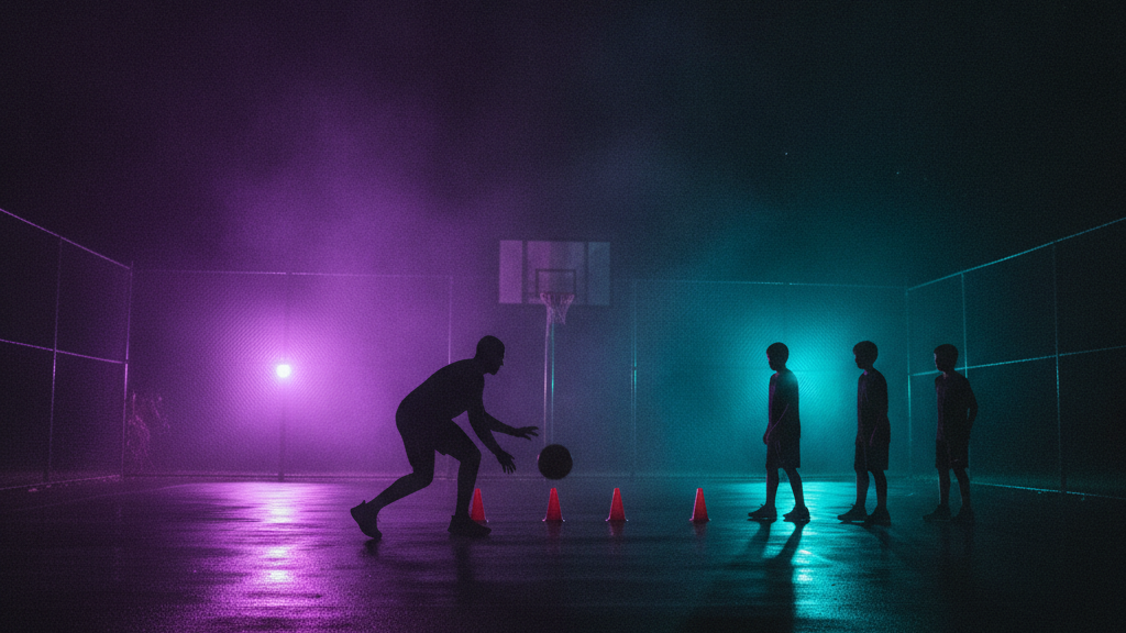 Youth basketball players training at night under purple and blue lights, Hotshots Basketball Academy serving Plantation, FL