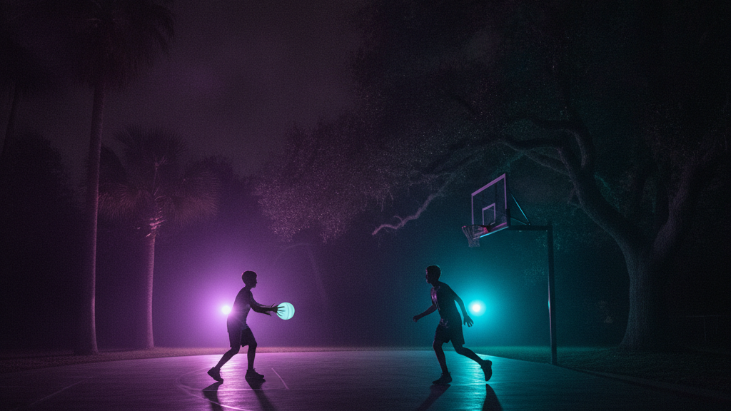 Youth basketball players training at night under purple and blue lights, Hotshots Basketball Academy serving Southwest Ranches, FL